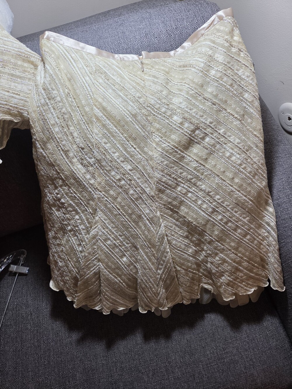 2 Pc. Top / Skirt Set. Tan W/ Silvery Stripe Running Through.